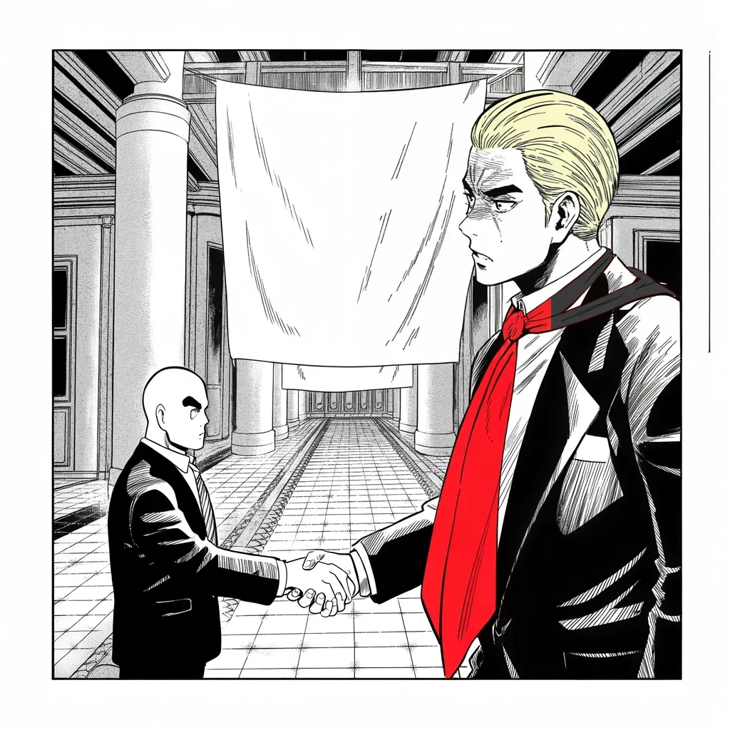 Manga panel 4 of 5, Week 126 “Short and Fat”: A handshake in a summit corridor: only haters and fools, he thinks, fail to see that friendship with the bear is a good thing.