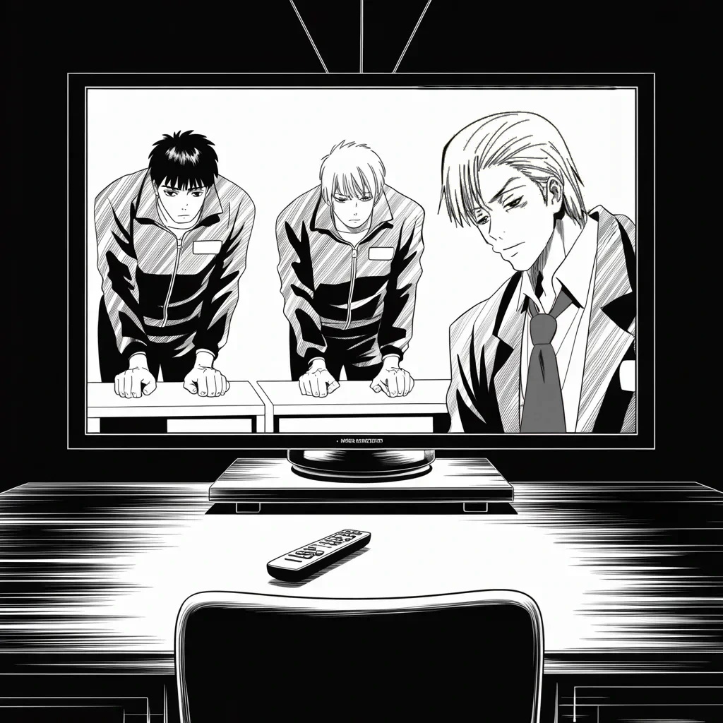Manga panel 2 of 5, Week 127 “Ungrateful”: Three freed ballplayers bow on television and give their thanks. He watches, and asks whether they will say it to him.