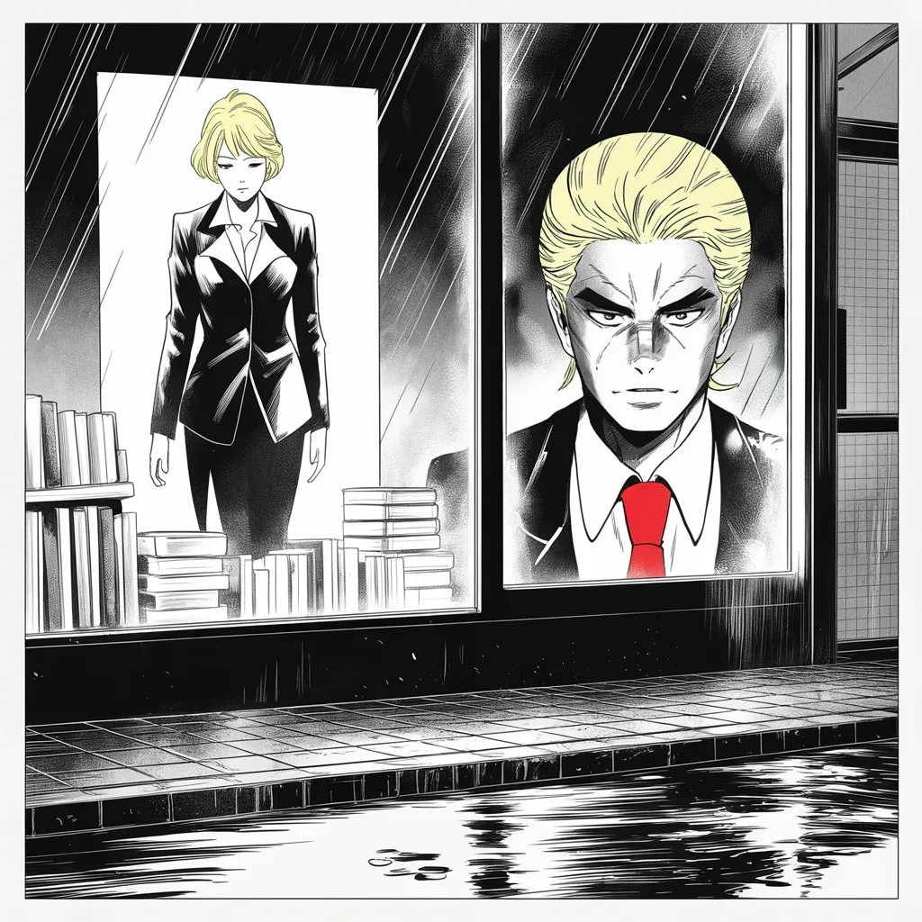 Manga panel 4 of 5, Week 127 “Ungrateful”: Her book still sits in the shop window a year after the war. From the feed: the worst and biggest loser of all time should get on with her life.