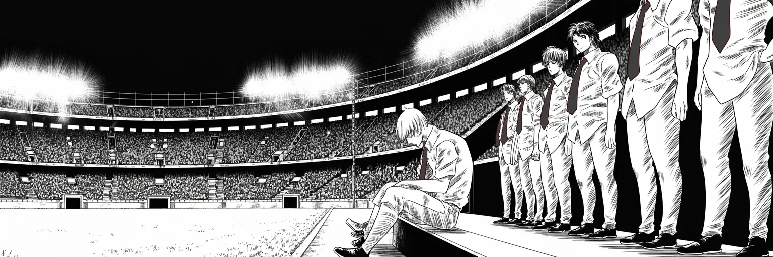 Manga panel 5 of 5, Week 127 “Ungrateful”: One player sits for the anthem in a stadium of empty seats, and the feed demands a season-long suspension. The culture war rolls into winter.