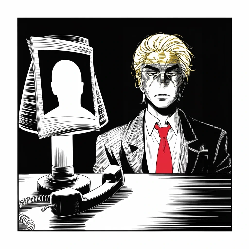 Manga panel 2 of 5, Week 128 “The Trophy”: The red-bordered magazine called, he says, to offer him Person of the Year — probably. Probably is no good. He takes a pass. Thanks anyway.