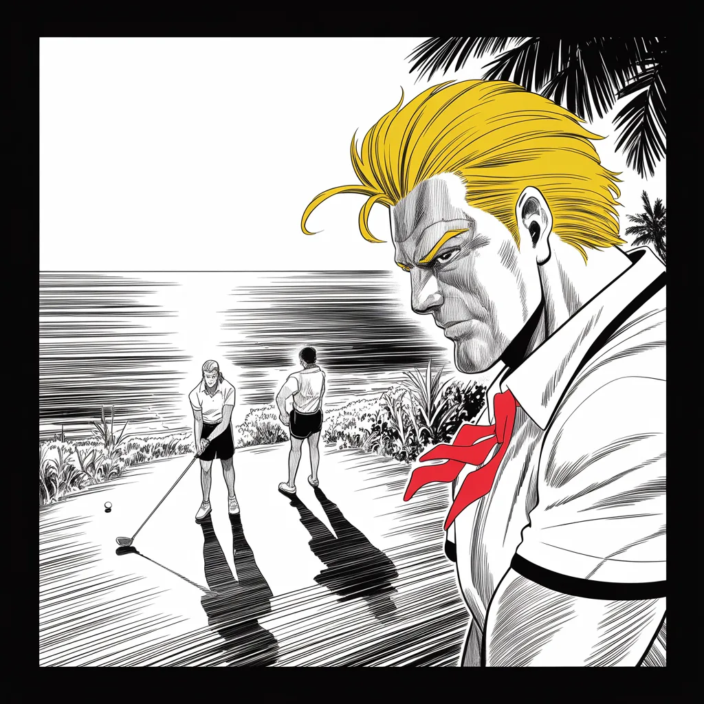 Manga panel 3 of 5, Week 128 “The Trophy”: Between the turkey call and the trade talks: a quick round with two champions, the mane catching the Florida sun.