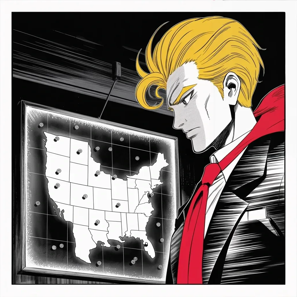 Manga panel 4 of 5, Week 128 “The Trophy”: A single southern state glows on the war map. The Senate margin is one seat wide, and the king picks his champion by arithmetic.