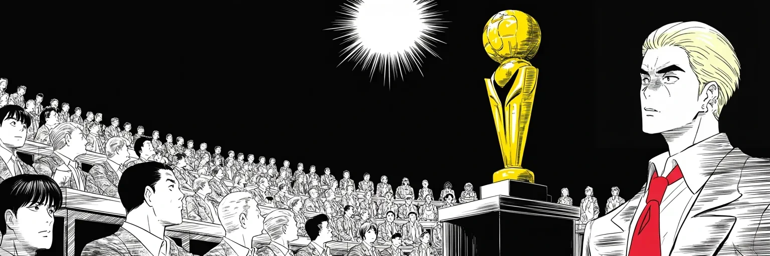 Manga panel 5 of 5, Week 128 “The Trophy”: He proposes a contest for the most dishonest network — winner to receive the FAKE NEWS TROPHY. In the dark theater, the lenses stare up at it.