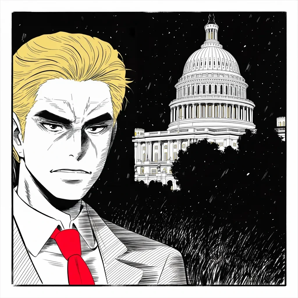 Manga panel 3 of 5, Week 129 “The Plea”: Deep in the night the Senate passes the biggest tax bill in a generation. The dome burns bright over the first snow of winter.