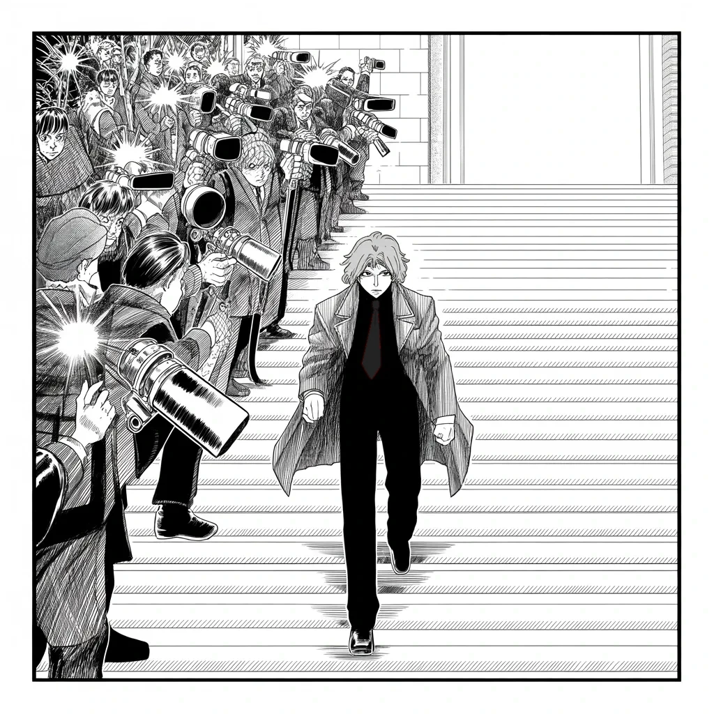 Manga panel 4 of 5, Week 129 “The Plea”: December 1: the general who led the chants pleads guilty of lying to the Bureau — and agrees to cooperate. The feed insists there was nothing to hide.