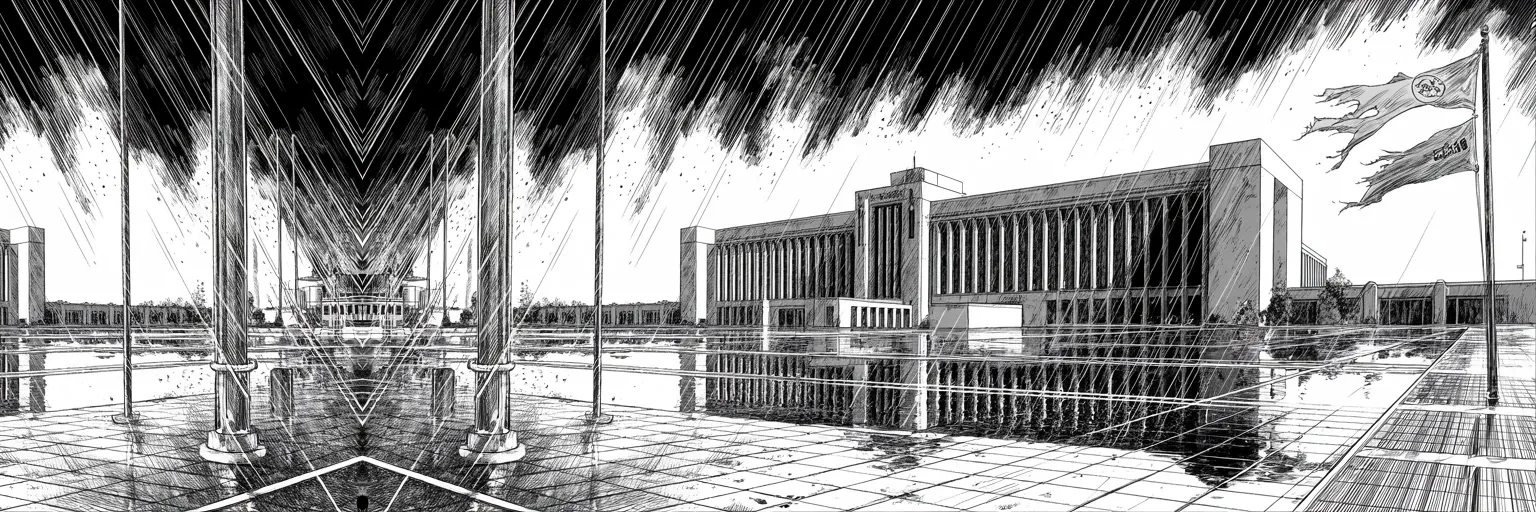 Manga panel 5 of 5, Week 129 “The Plea”: Rain over the Bureau. Its reputation, the feed declares, is in tatters — worst in history. The hunter and the hunted now share one city.