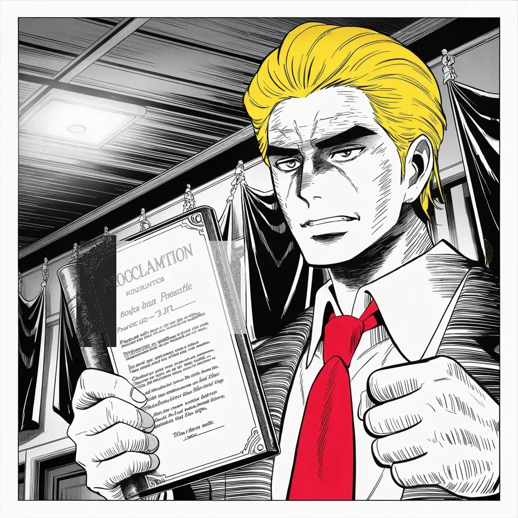 Manga panel 2 of 5, Week 130 “Jerusalem”: The proclamation held up like a hunting trophy: I fulfilled my campaign promise — others didn't.