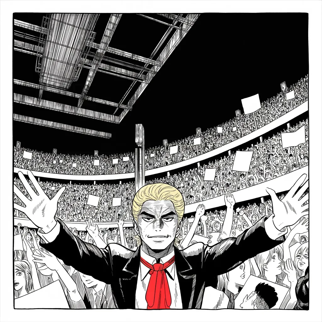 Manga panel 3 of 5, Week 130 “Jerusalem”: Pensacola by night: a packed arena roars back at him, the base as fortress, the rally as siege engine rolling toward an Alabama vote.