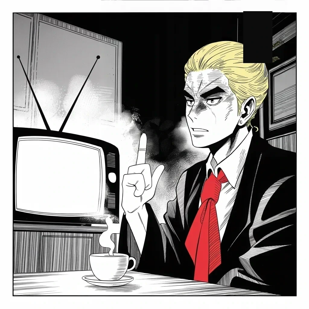 Manga panel 2 of 5, Week 131 “A Win Is a Win”: Morning-after arithmetic: he was right all along, he explains to the breakfast room — the judge was never going to win.