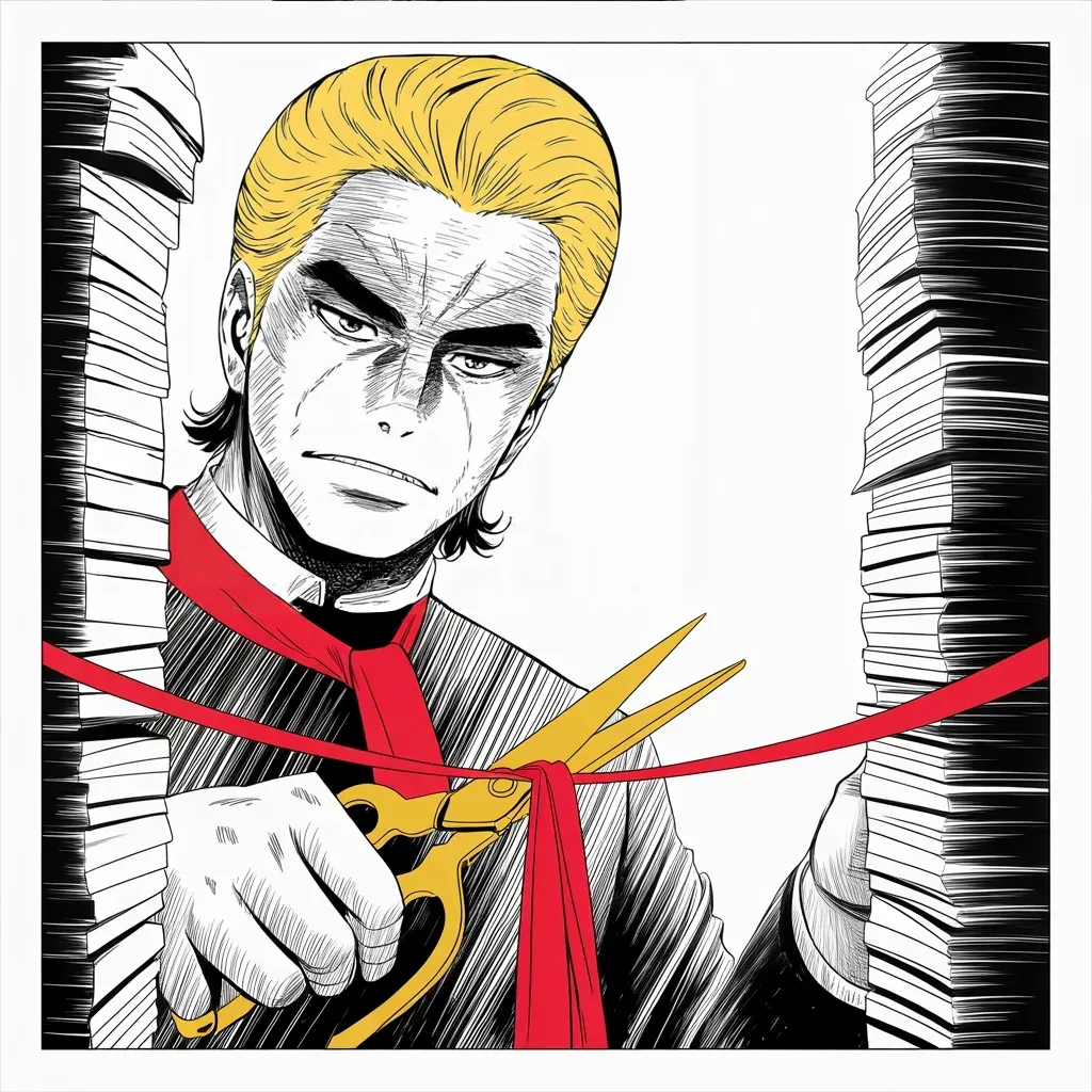 Manga panel 4 of 5, Week 131 “A Win Is a Win”: Between defeats, theater: a red ribbon cut between two towers of regulations, eighty years of paper severed with gold scissors.
