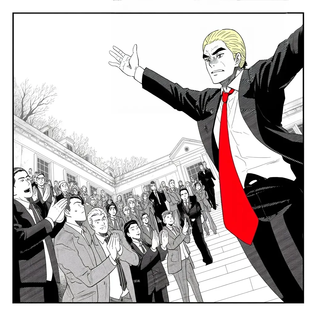 Manga panel 2 of 5, Week 132 “The Victory”: On the sunlit steps the whole court applauds upward, and the crowning shout goes out: we are making America great again.
