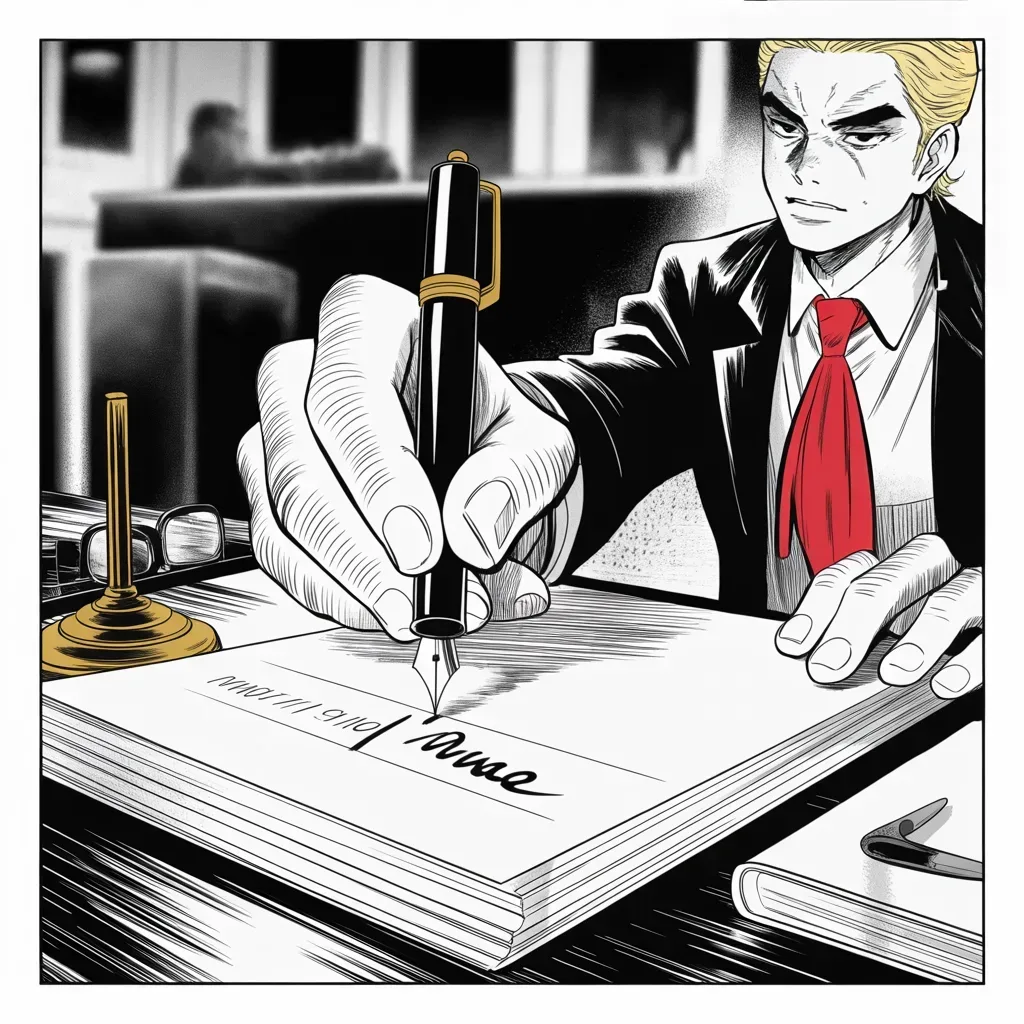 Manga panel 3 of 5, Week 132 “The Victory”: Thirty minutes' notice, then the pen: the biggest tax cut of the era is signed at a nearly empty desk before the Christmas flight south.
