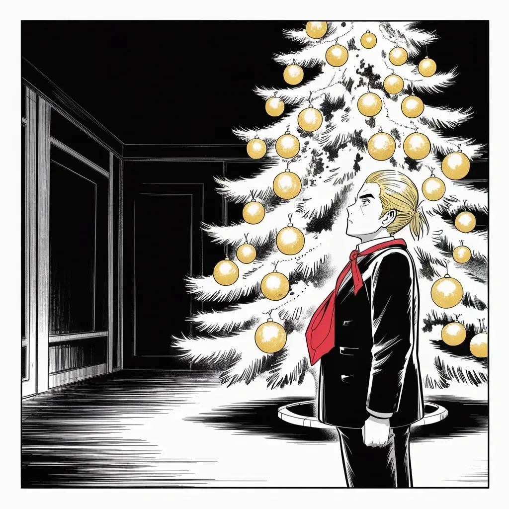 Manga panel 4 of 5, Week 132 “The Victory”: Alone before the tree at midnight, he savors the other war he declares won: people are proud to be saying Merry Christmas again.