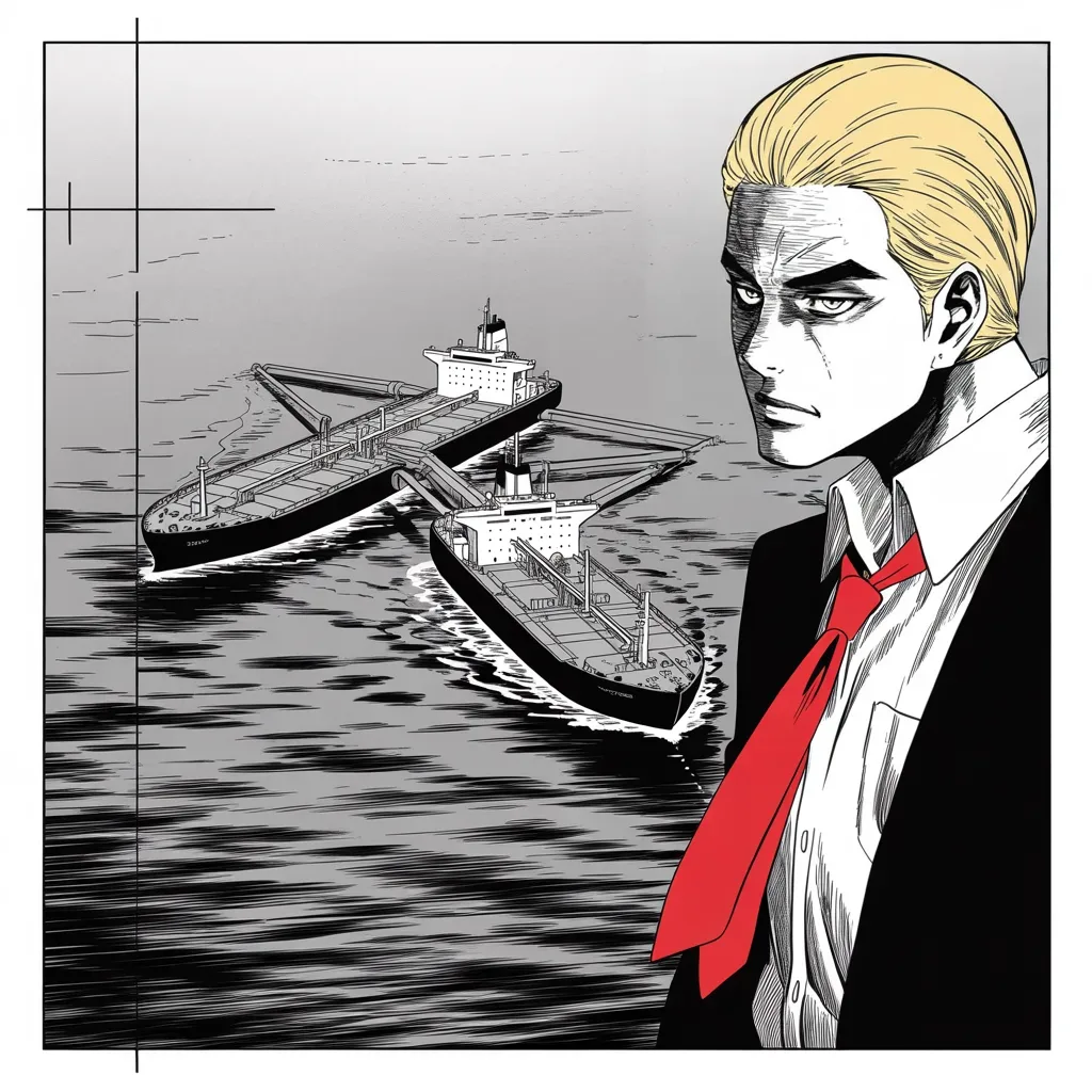 Manga panel 2 of 5, Week 133 “Bundle Up”: Caught red handed: ships lashed together on an empty sea, oil crossing to the hermit kingdom in the dark.