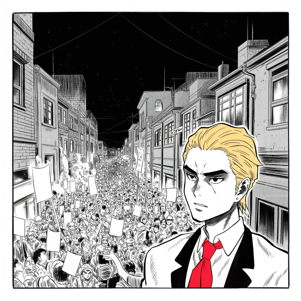 Manga panel 3 of 5, Week 133 “Bundle Up”: In Iran, crowds fill the winter streets against their rulers. From his palace he watches, and declares that the world is watching too.