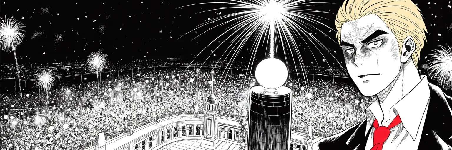 Manga panel 5 of 5, Week 133 “Bundle Up”: The ball drops on the coldest New Year's Eve in memory, closing the first year of the reign. Two days into the next one, the button answers.
