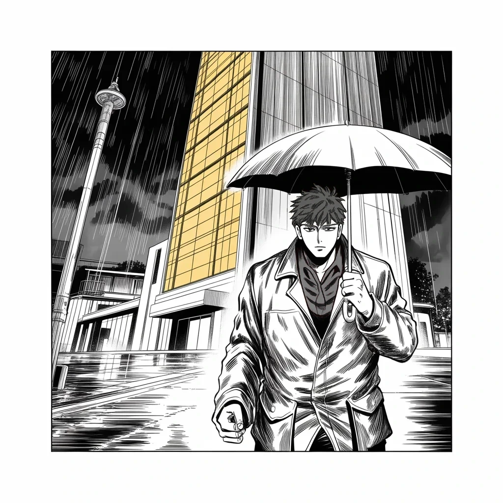 Manga panel 3 of 5, Week 134 “The Button”: The strategist who once whispered at the throne walks into the rain, dropped by his patrons. Smart, says the feed.