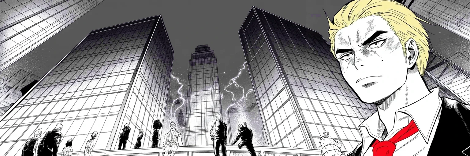 Manga panel 5 of 5, Week 134 “The Button”: The Dow smashes through 25,000 and the light climbs the towers like a dragon. Whatever the book says, the number is the number.