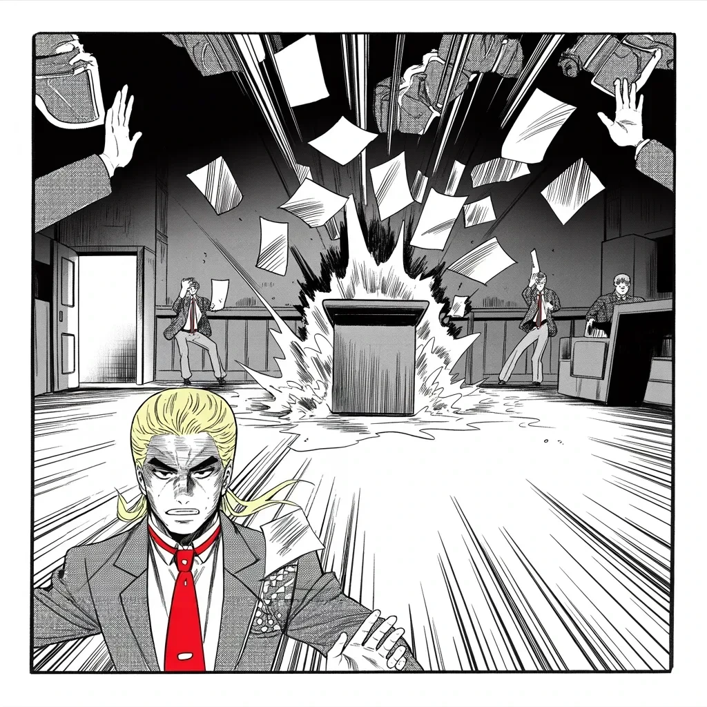 Manga panel 2 of 5, Week 135 “Thirty-Eight Minutes”: Behind closed doors, a word about poor nations detonates and crosses the world in an hour. The denial follows: never said it — no trust.