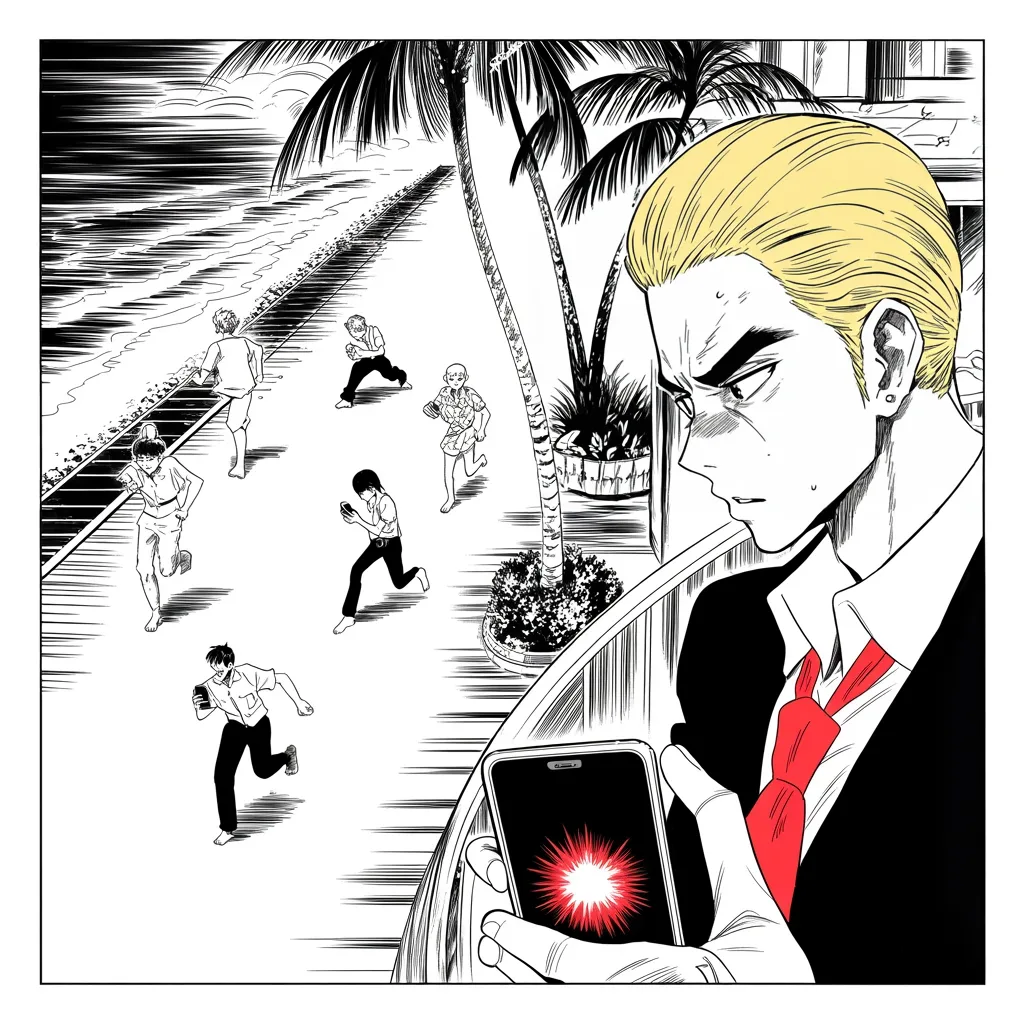 Manga panel 3 of 5, Week 135 “Thirty-Eight Minutes”: Saturday, 8:07 a.m. in Hawaii: every phone screams that a ballistic missile is inbound and this is not a drill. For thirty-eight minutes, it is true.