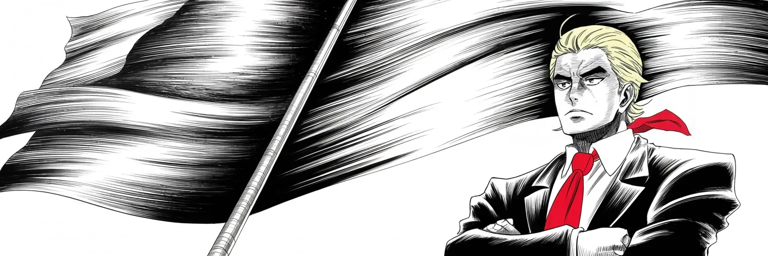 Manga panel 5 of 5, Week 135 “Thirty-Eight Minutes”: The week ends the way every argument now ends, in two words posted like a war banner: AMERICA FIRST!