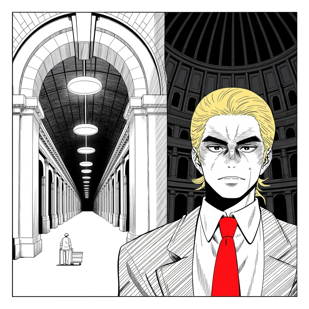 Manga panel 3 of 5, Week 136 “The Anniversary Present”: At midnight on the first anniversary of his reign, the government's lights go out section by section. He names the present after its givers.