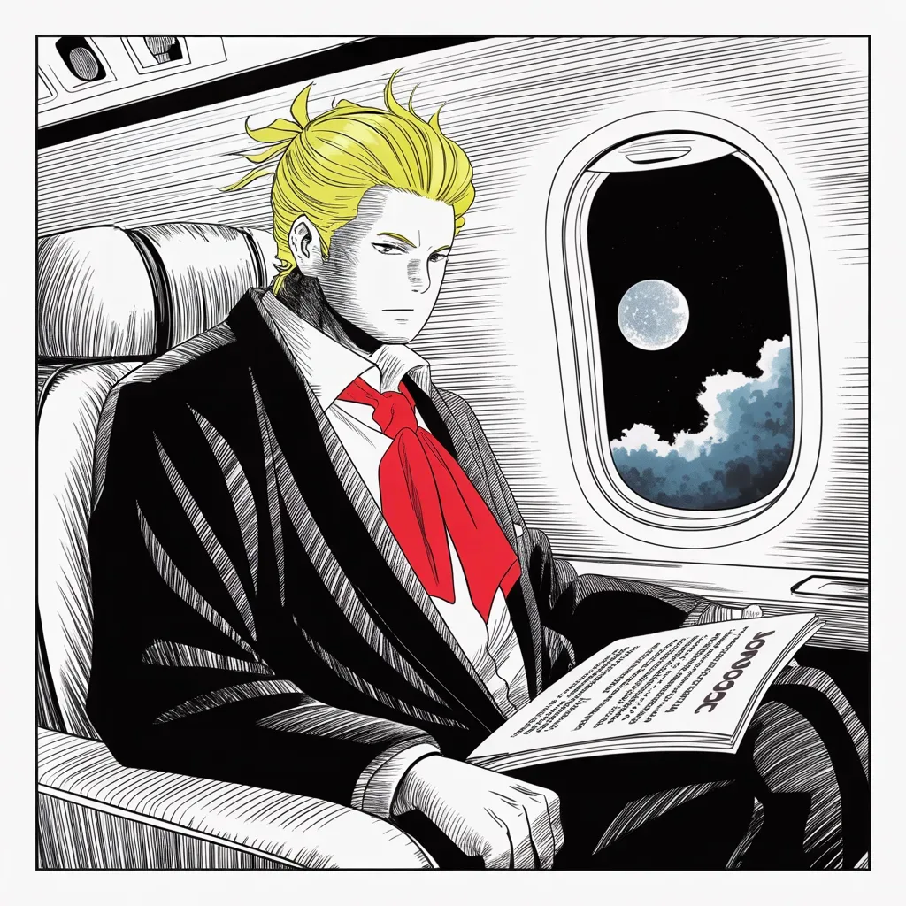Manga panel 2 of 5, Week 137 “The Mountain”: Over the Atlantic by night, toward the mountain of the globalists, rehearsing the message: America is open for business, and finally winning again.