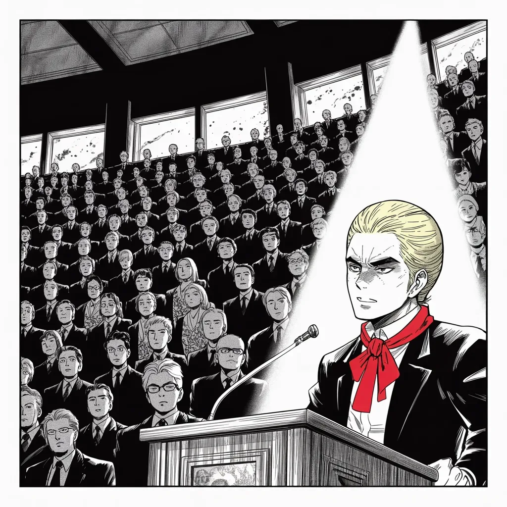 Manga panel 3 of 5, Week 137 “The Mountain”: Into the hall of the globalists he carries the sales pitch, and the mountain listens: America's revival, told by its author.