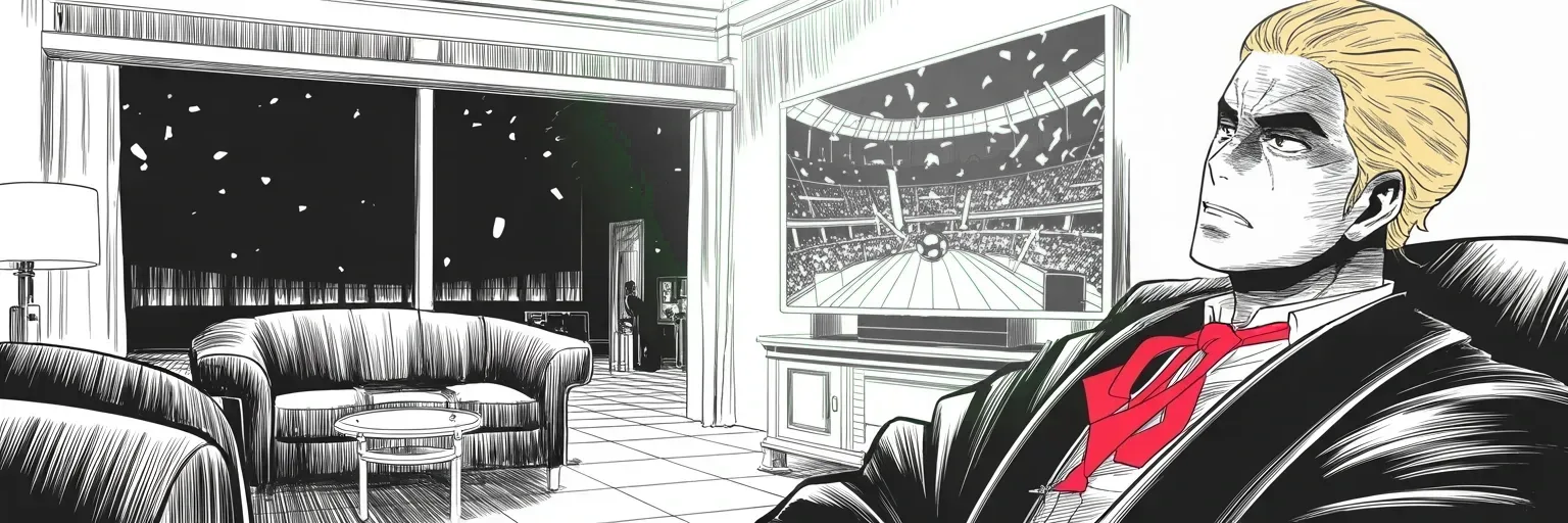 Manga panel 5 of 5, Week 138 “The Memo”: Sunday night: Philadelphia wins and gets its congratulations. As the new week opens, his proudest number — the market — begins to fall.