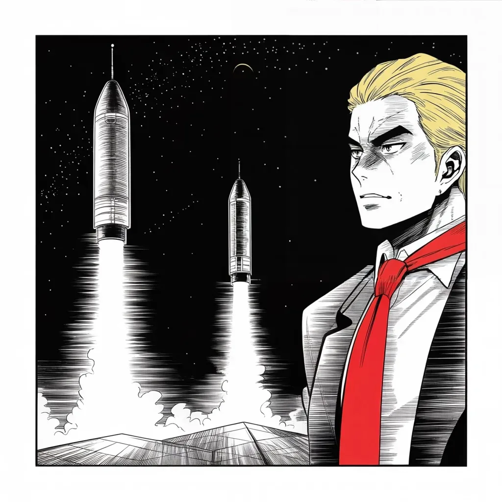 Manga panel 2 of 5, Week 139 “Due Process”: The same week the market falls, a private rocket lifts a sports car toward Mars and lands its boosters side by side. Even the king applauds the showman.