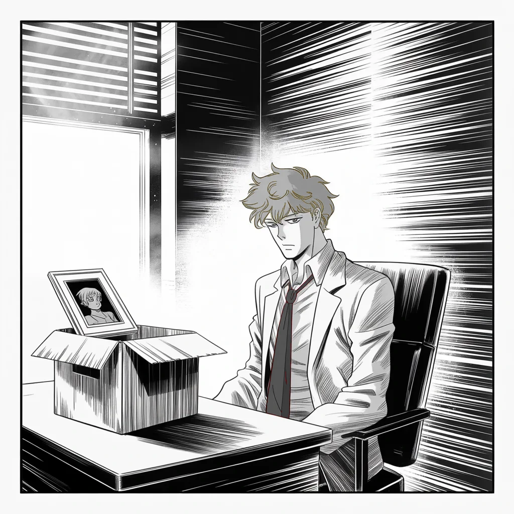 Manga panel 4 of 5, Week 139 “Due Process”: A trusted aide sits a last time at his stripped desk, one cardboard box packed. The king mourns — not for him: lives shattered by a mere allegation.