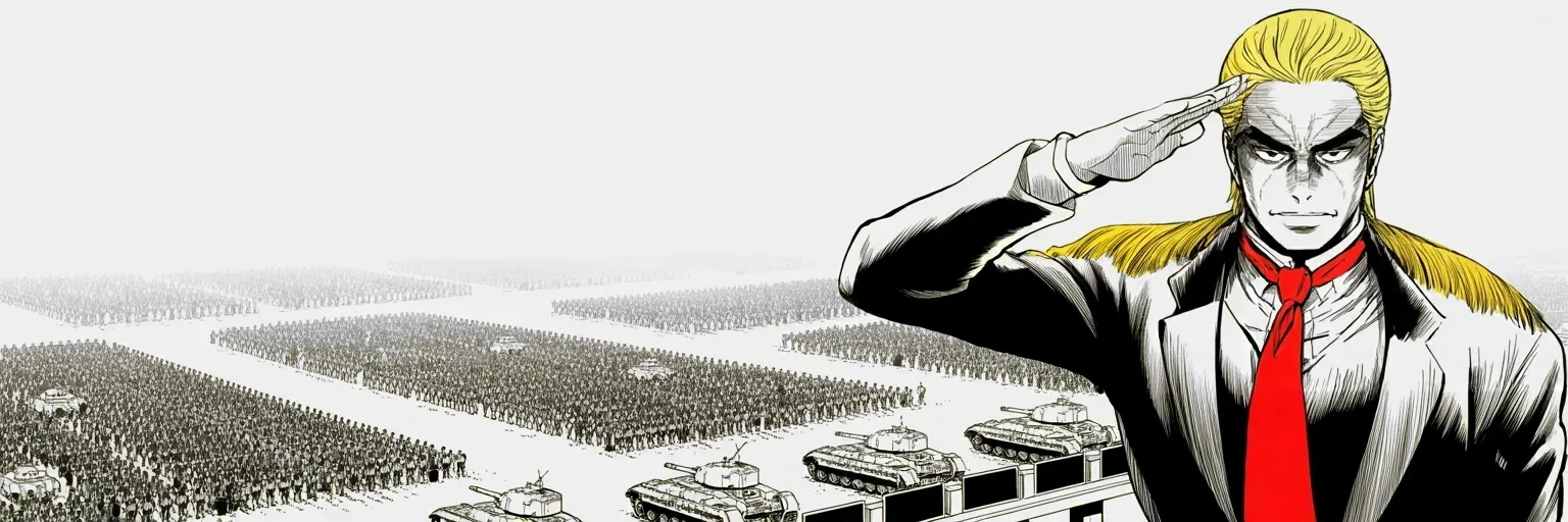 Manga panel 5 of 5, Week 139 “Due Process”: The budget is signed, the military refunded — and in the golden dream above it, a great parade rolls past a saluting king. Paris gave him the idea.