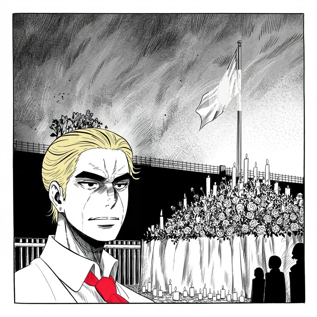 Manga panel 2 of 5, Week 140 “The Storm Front”: Wednesday, a Florida school: seventeen killed. Candles and roses bank against the fence line, and the condolences post at nightfall.