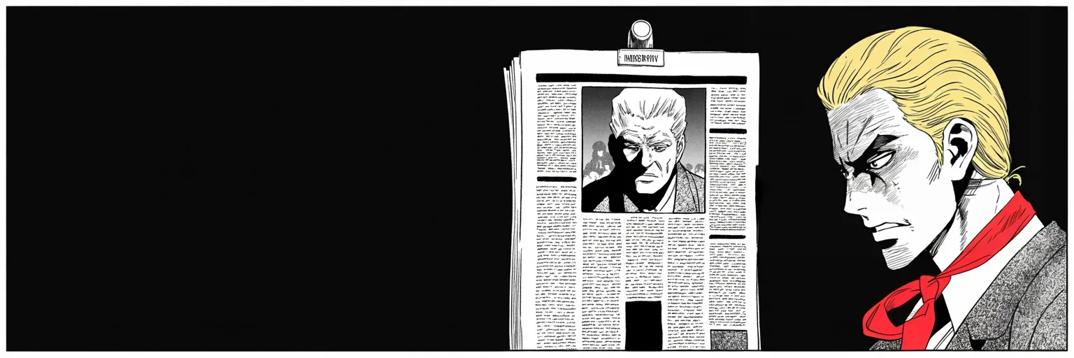 Manga panel 5 of 5, Week 141 “The Deterrent”: But another front page runs a woman he says he never met, and a familiar rage answers it. The paper cuts deeper than he lets on. It is only the first.