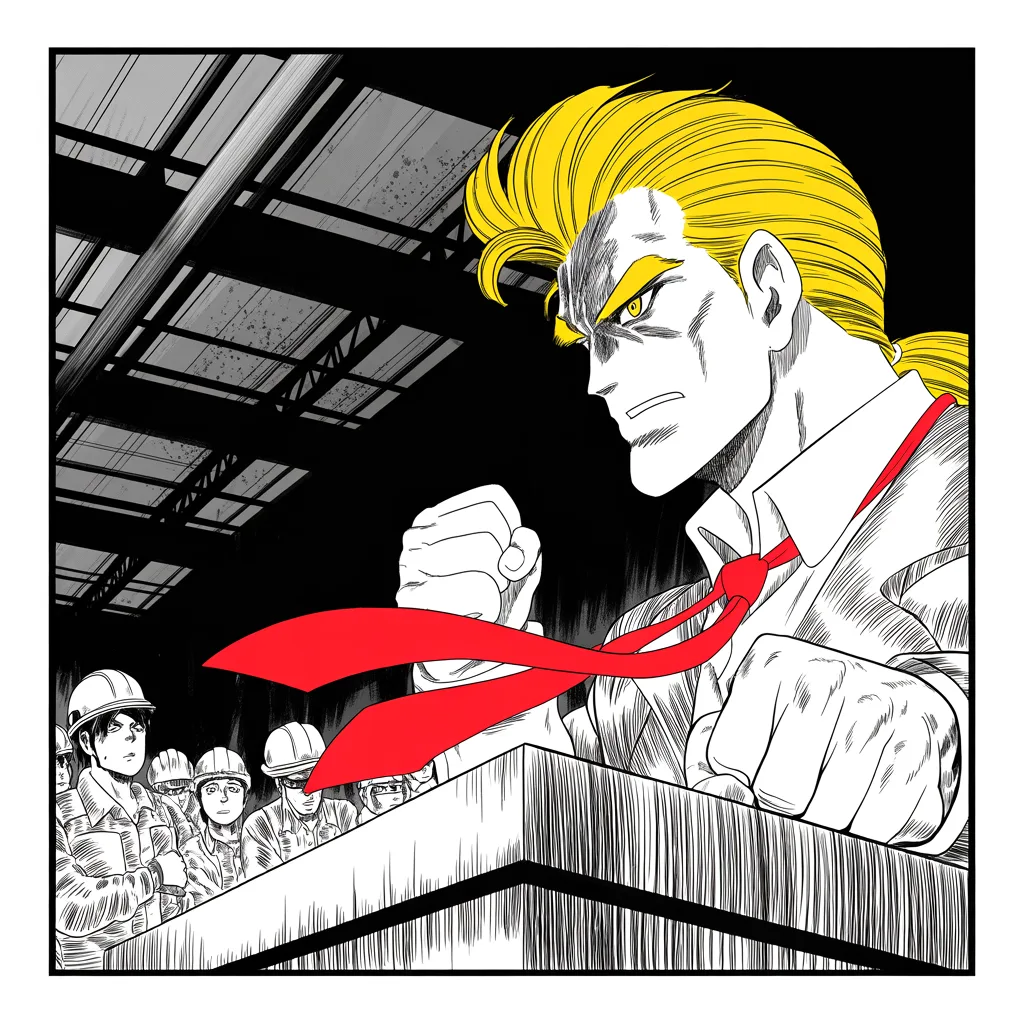 Manga panel 2 of 5, Week 142 “Trade Wars”: His war cry is absolute: without steel, there is no country. The line lands like a hammer on an anvil.