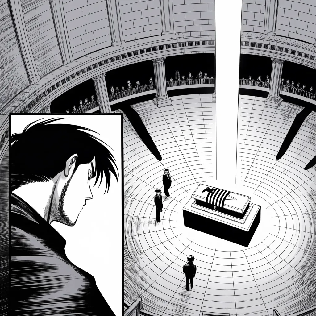 Manga panel 4 of 5, Week 142 “Trade Wars”: Between the trade salvos, a solemn hour: the evangelist lies in state beneath the Capitol dome, honored as almost no private citizen before him.