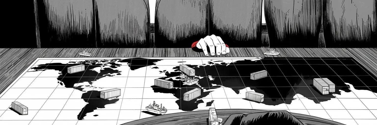 Manga panel 5 of 5, Week 142 “Trade Wars”: By week's end the doctrine hardens into policy: America has been losing, the industries are dead, and it is time for a change. The board is set for a global fight.