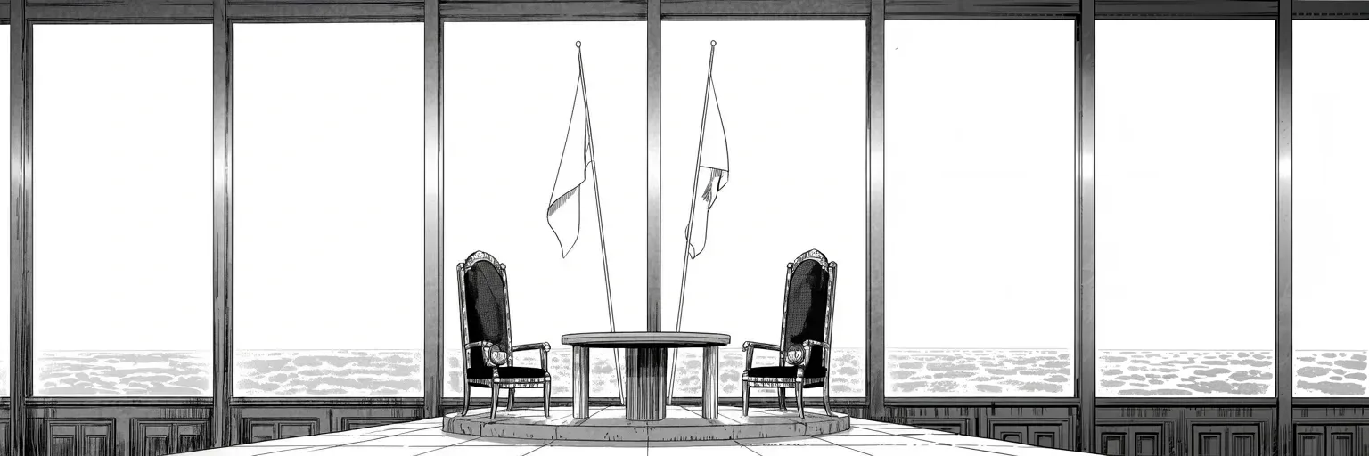 Manga panel 5 of 5, Week 143 “The Hermit King”: The summit takes shape on the horizon: a deal in the making, time and place still unknown. For one week the king looks like a peacemaker.