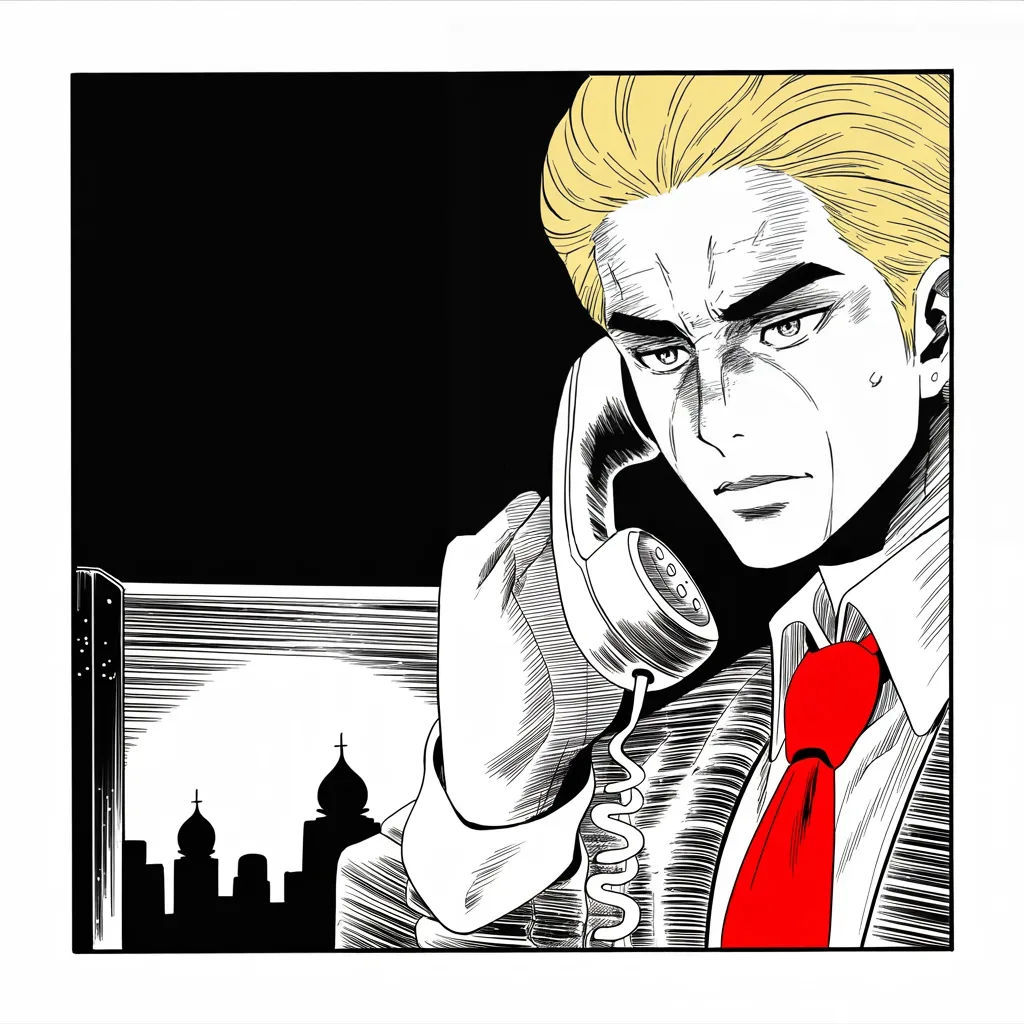 Manga panel 4 of 5, Week 145 “The War Cabinet”: He calls a strongman in the East to offer congratulations, and shrugs off the outrage: getting along, he says, is a good thing, not a bad thing.
