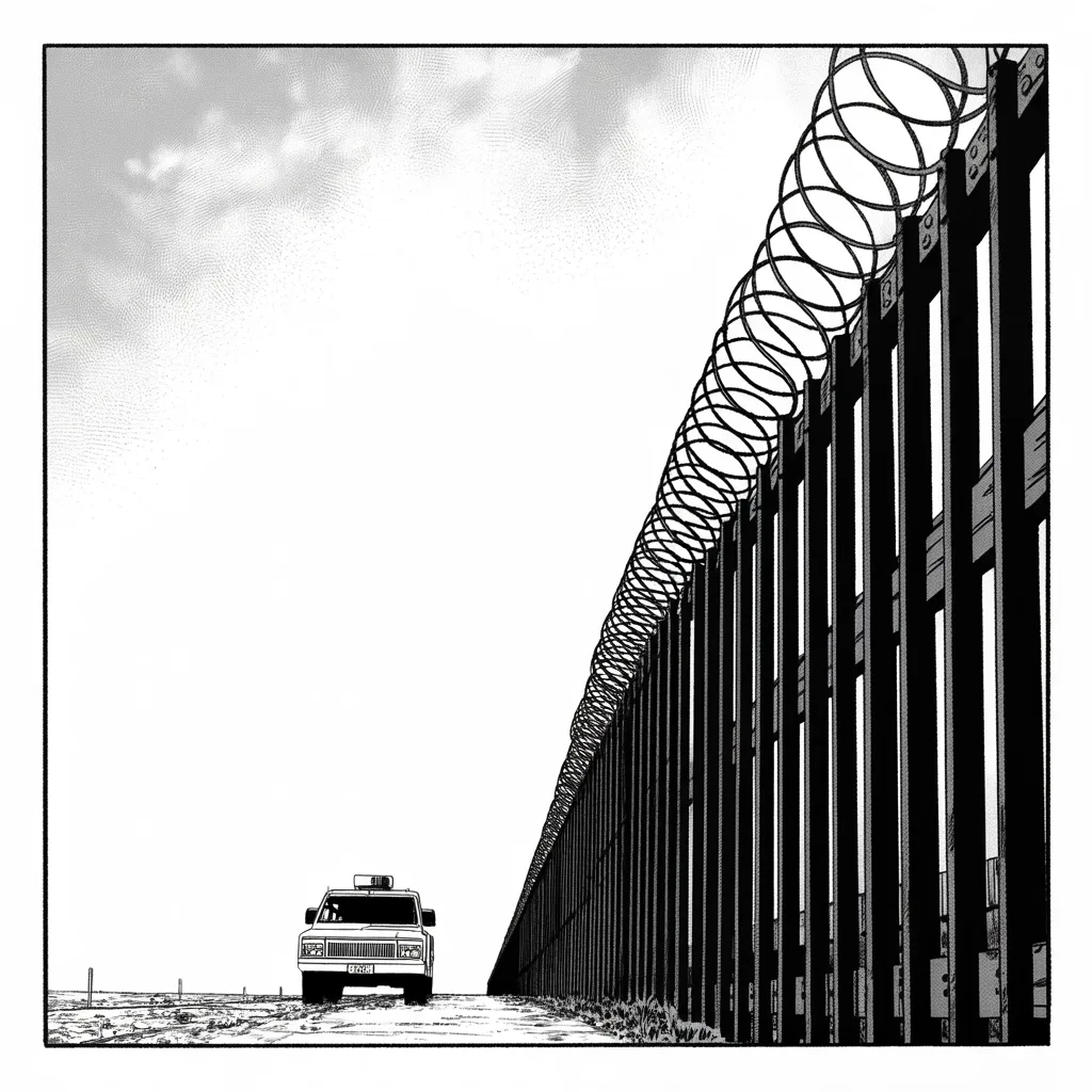 Manga panel 4 of 5, Week 146 “The Caravan”: The caravan becomes a siege in his telling: the agents' hands tied by weak laws, the danger rising, and the wall the only answer.