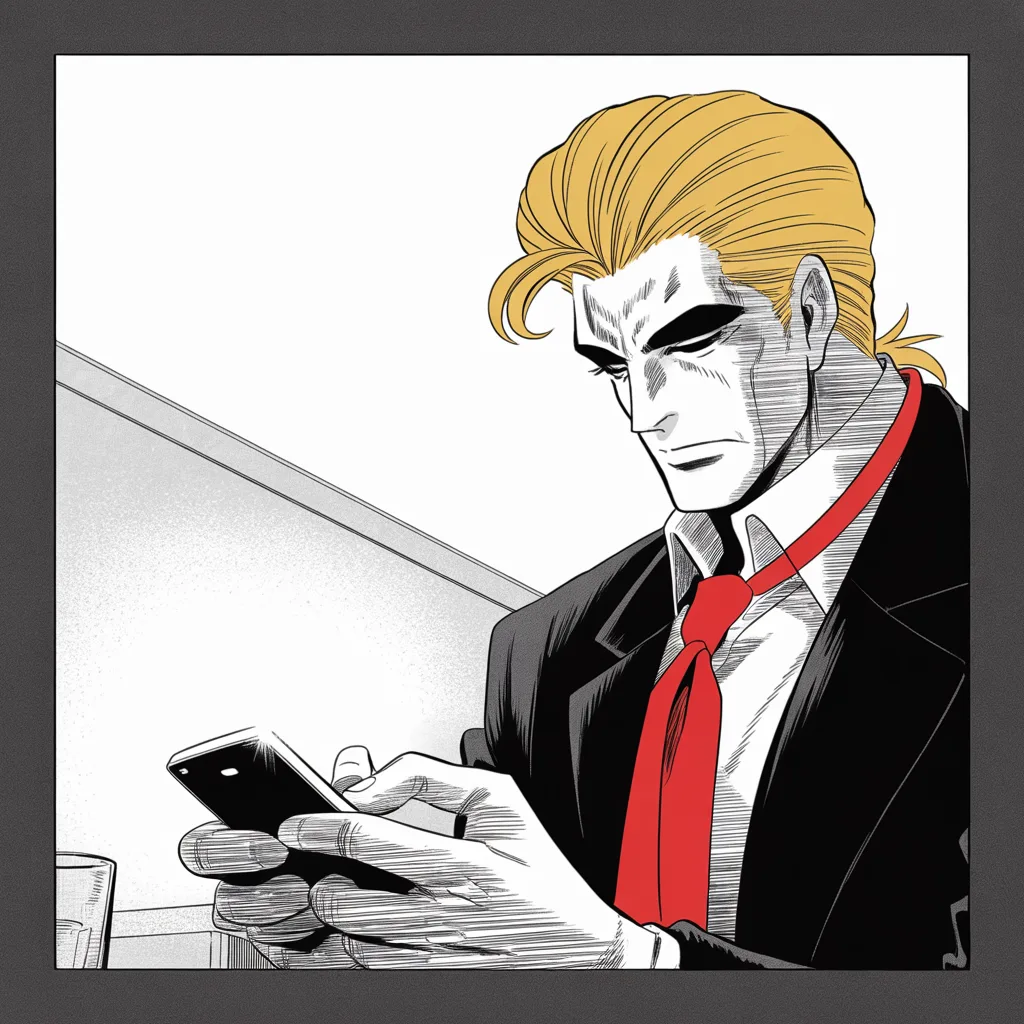 Manga panel 4 of 5, Week 147 “The Raid”: The morning of the ninth. He tweets about tariffs and cars and stupid trade, absorbed, unaware — while across town agents are already moving.
