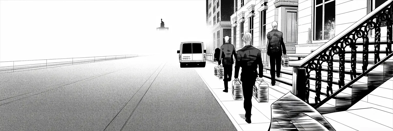Manga panel 5 of 5, Week 147 “The Raid”: April ninth, at dawn: agents carry sealed boxes from the fixer's office, home, and hotel room. For the first time the investigation has reached inside the castle walls. Volume Two ends.