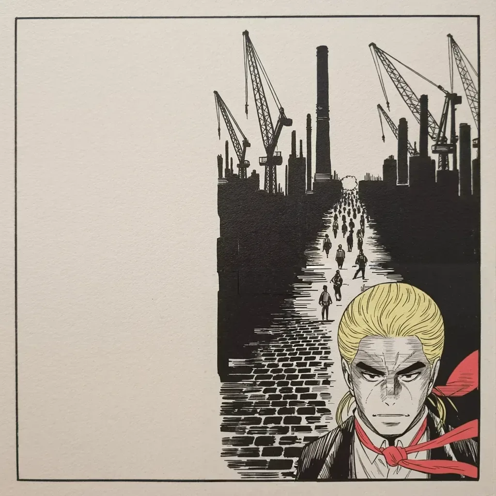 Manga panel 4 of 5, Week 149 “The Fixer”: And beneath the wars, the ledger: jobs up, taxes down. Enjoy it, he tells the country.
