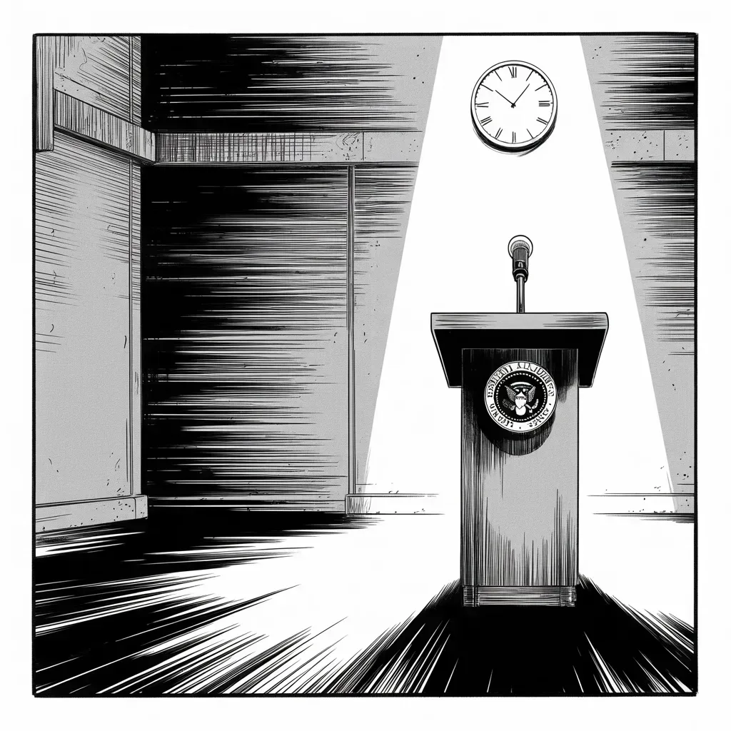 Manga panel 4 of 5, Week 151 “The Fixer”: And a warning shot at the world: tomorrow, at two o'clock, he will announce his decision on the deal with the desert regime.