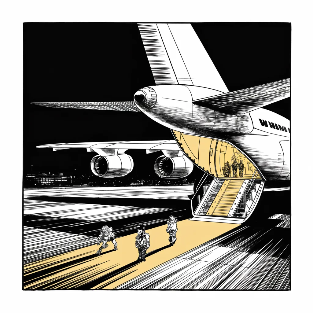 Manga panel 3 of 5, Week 152 “The Fixer”: His envoy flies home from the hermit kingdom with three freed men — and a date and a place, now set.
