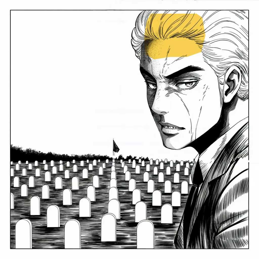 Manga panel 4 of 5, Week 154 “The Fixer”: On the day of remembrance he pauses the war, telling the fallen the country is doing well and would be proud.