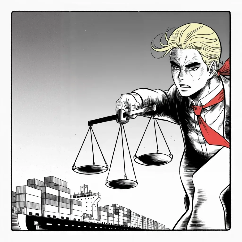 Manga panel 4 of 5, Week 156 “The Fixer”: Why, he demands, should America keep paying the unfair price for everyone else's surplus, decade after decade?
