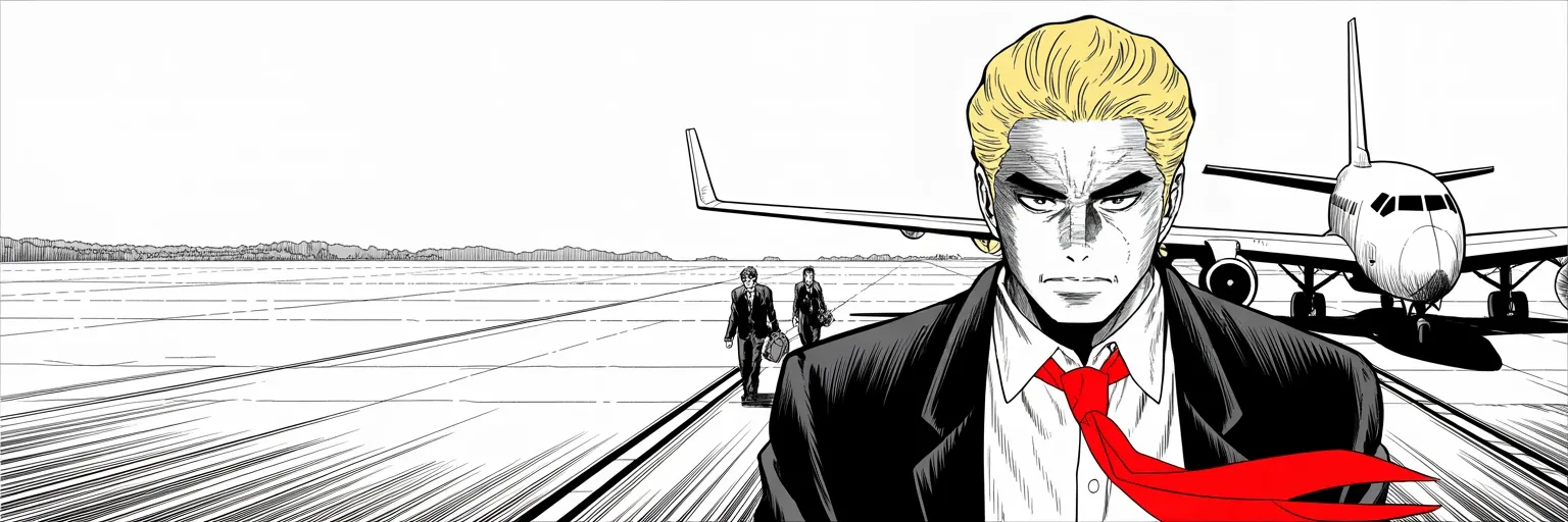 Manga panel 5 of 5, Week 156 “The Fixer”: He walks out of the summit of allies and turns his face toward the tropical island — leaving one war to win another, alone.