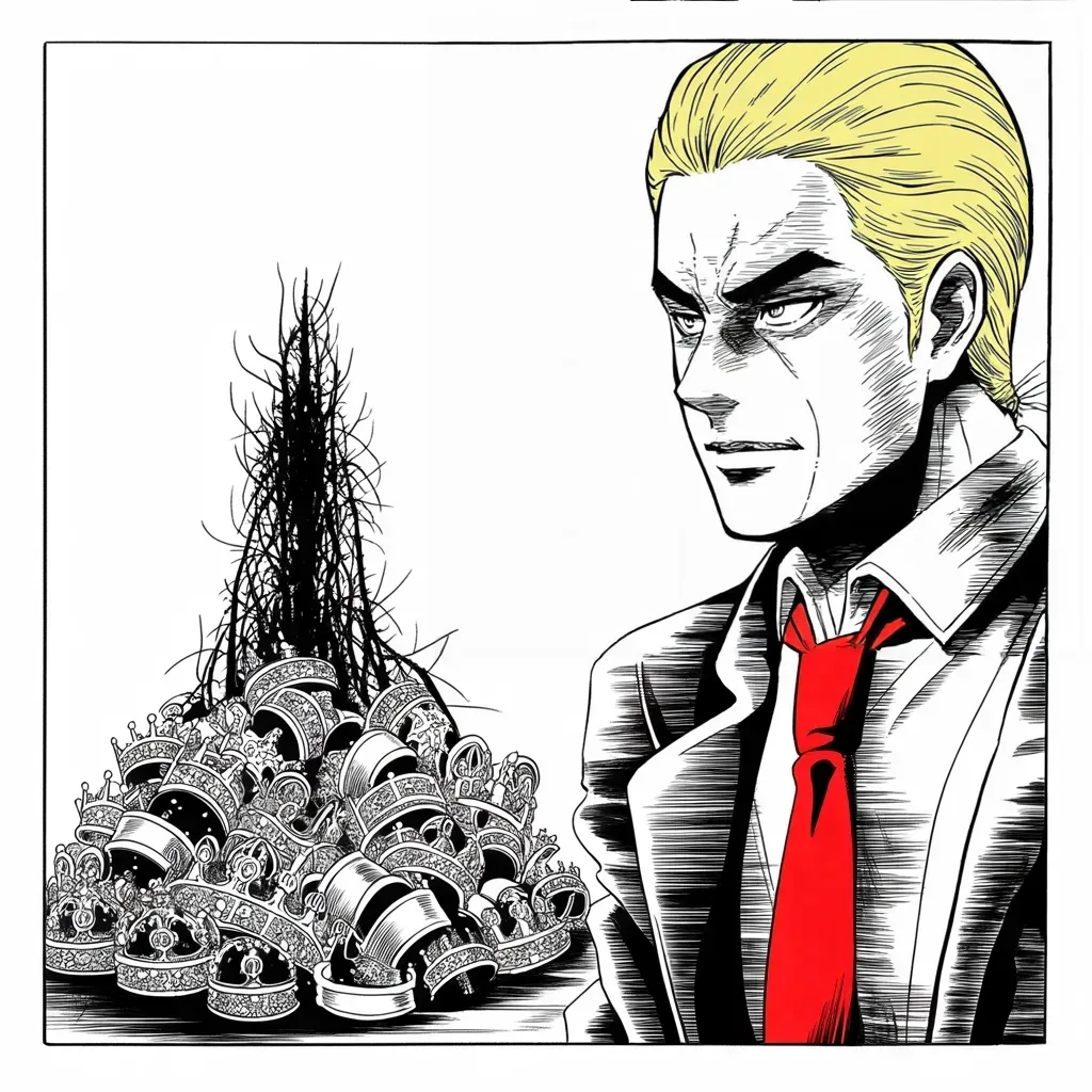 Manga panel 3 of 5, Week 157 “The Fixer”: Even in triumph he counts his war: seventeen rivals beaten, two dynasties, and now a phony witch hunt still to be broken.